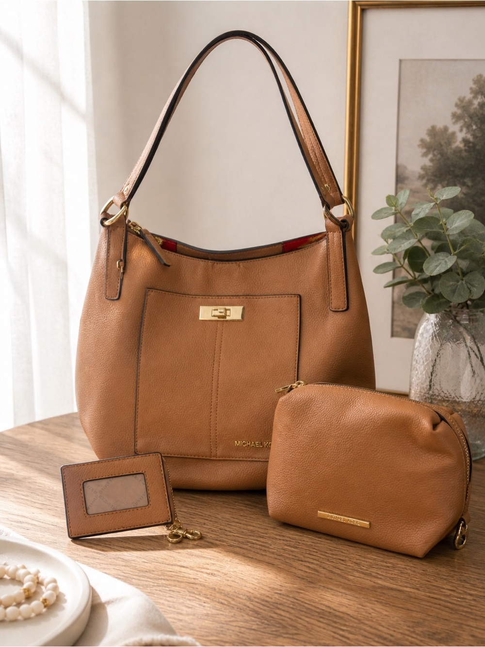 Women's Tan Shoulder Bag Set with Coin Pouch
